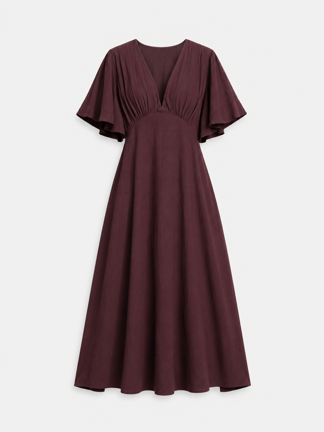 v neck flare sleeve midi dress brown