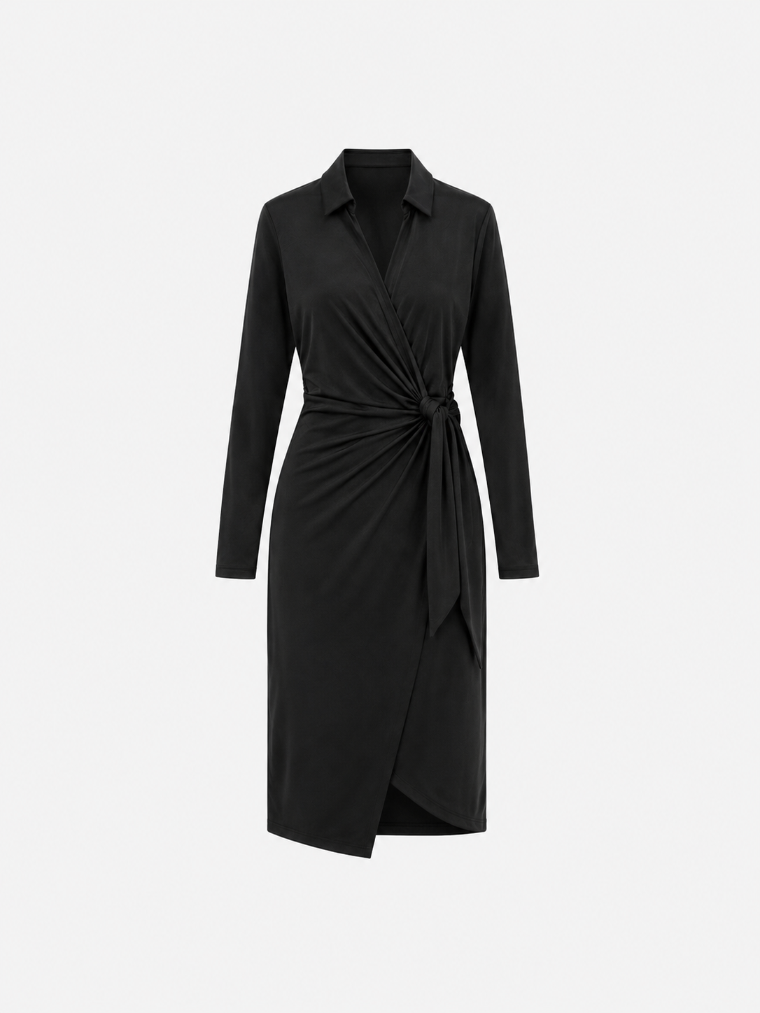 SEISHIKI STUDIO Super Stretchy Wrap Dress, Front Tie, Collared Wrap Dress