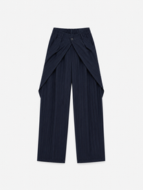 SEISHIKI STUDIO stretchy back pleated front button striped pants dark blue