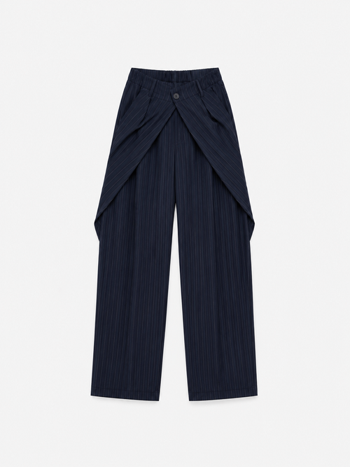 Stretchy Back Pleated Front Button Striped Pants Dark Blue