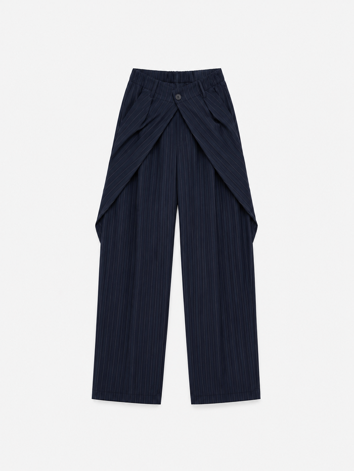 Stretchy Back Pleated Front Button Striped Pants Dark Blue | SEISHIKI STUDIO