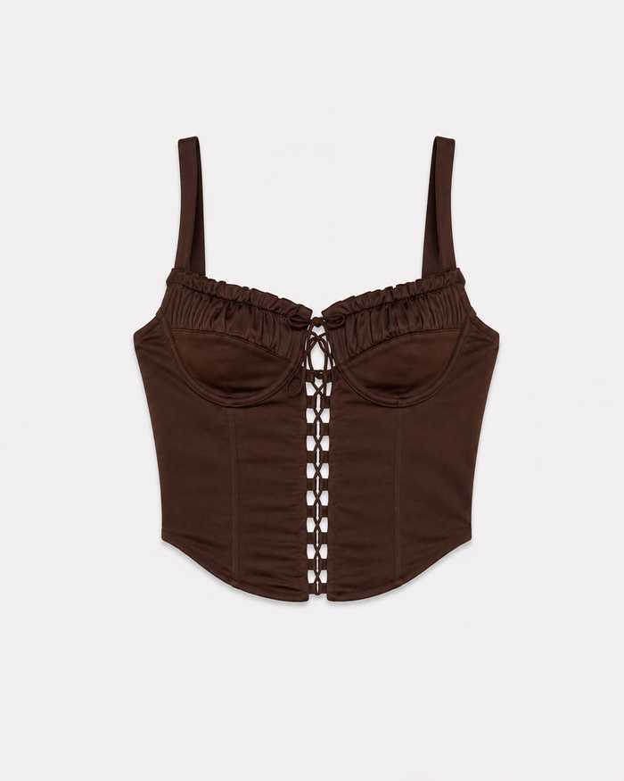Brown Stretch Corset Crop Top with Lace Front | Sculpting Fit – SEISHIKI STUDIO