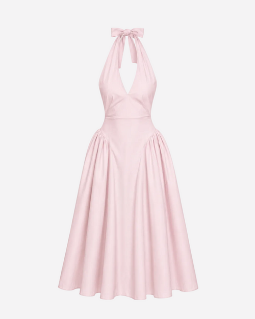 Cotton Halter Stretchy Back Midi Dress Pastel Pink