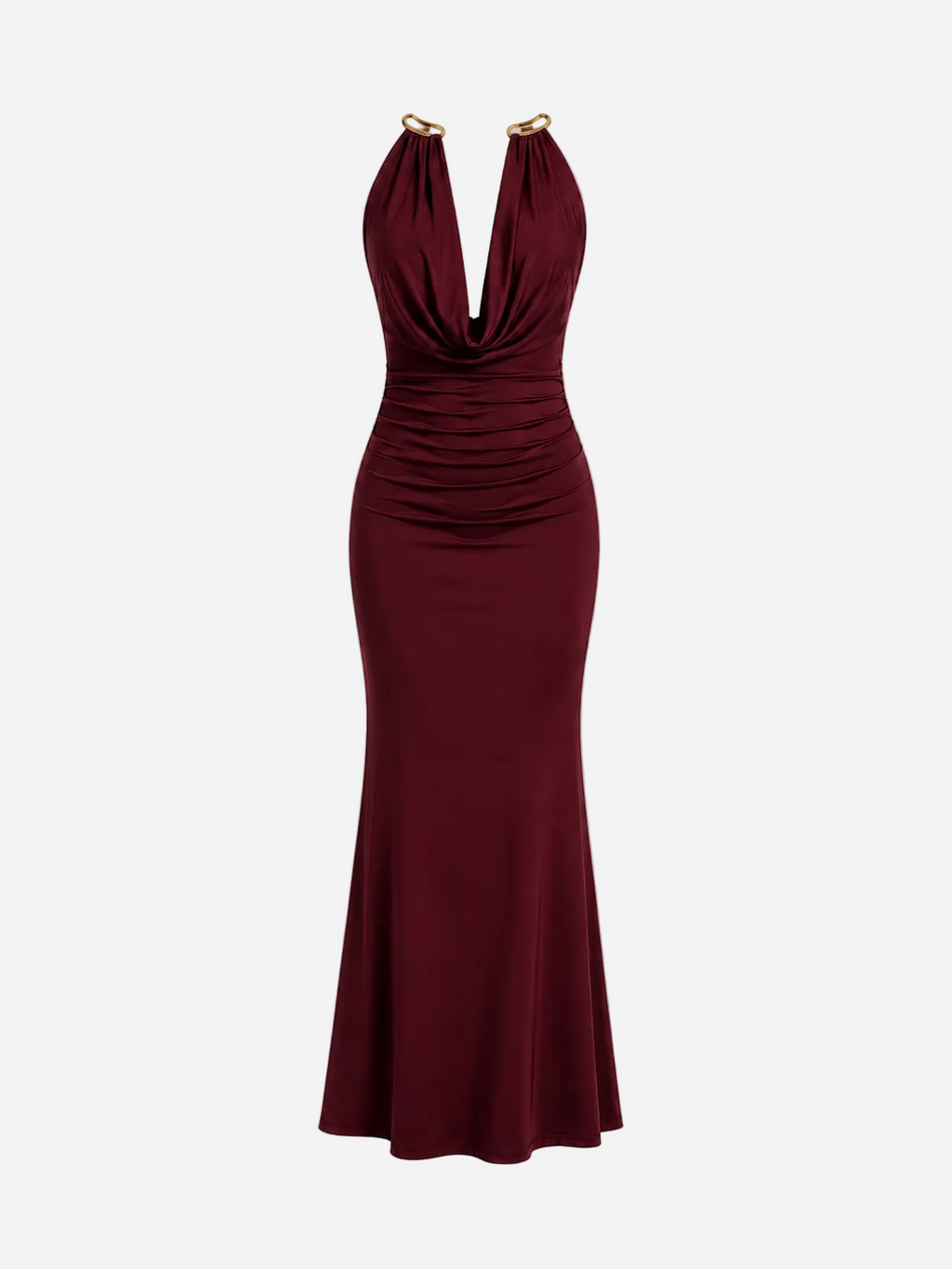 SUPER STRETCHY GOLD NECK DETAIL LONG DRESS BURGUNDY | SEISHIKI STUDIO