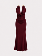 SUPER STRETCHY GOLD NECK DETAIL LONG DRESS BURGUNDY | SEISHIKI STUDIO