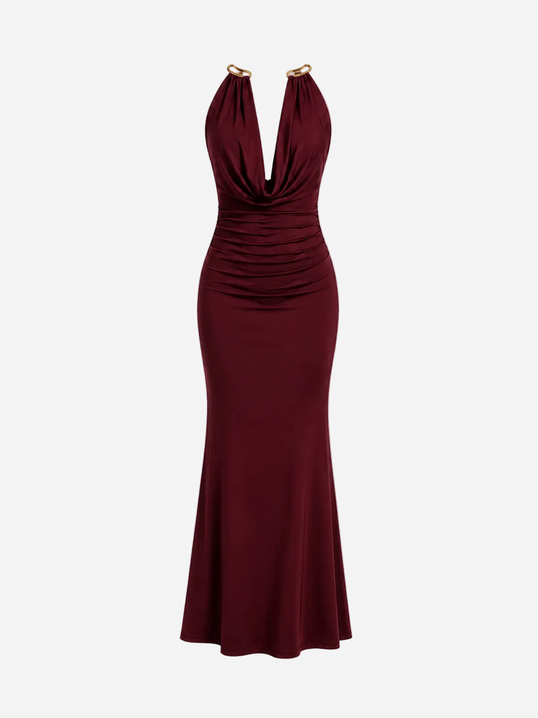 SUPER STRETCHY GOLD NECK DETAIL LONG DRESS BURGUNDY | SEISHIKI STUDIO
