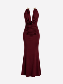 SUPER STRETCHY GOLD NECK DETAIL LONG DRESS BURGUNDY | SEISHIKI STUDIO