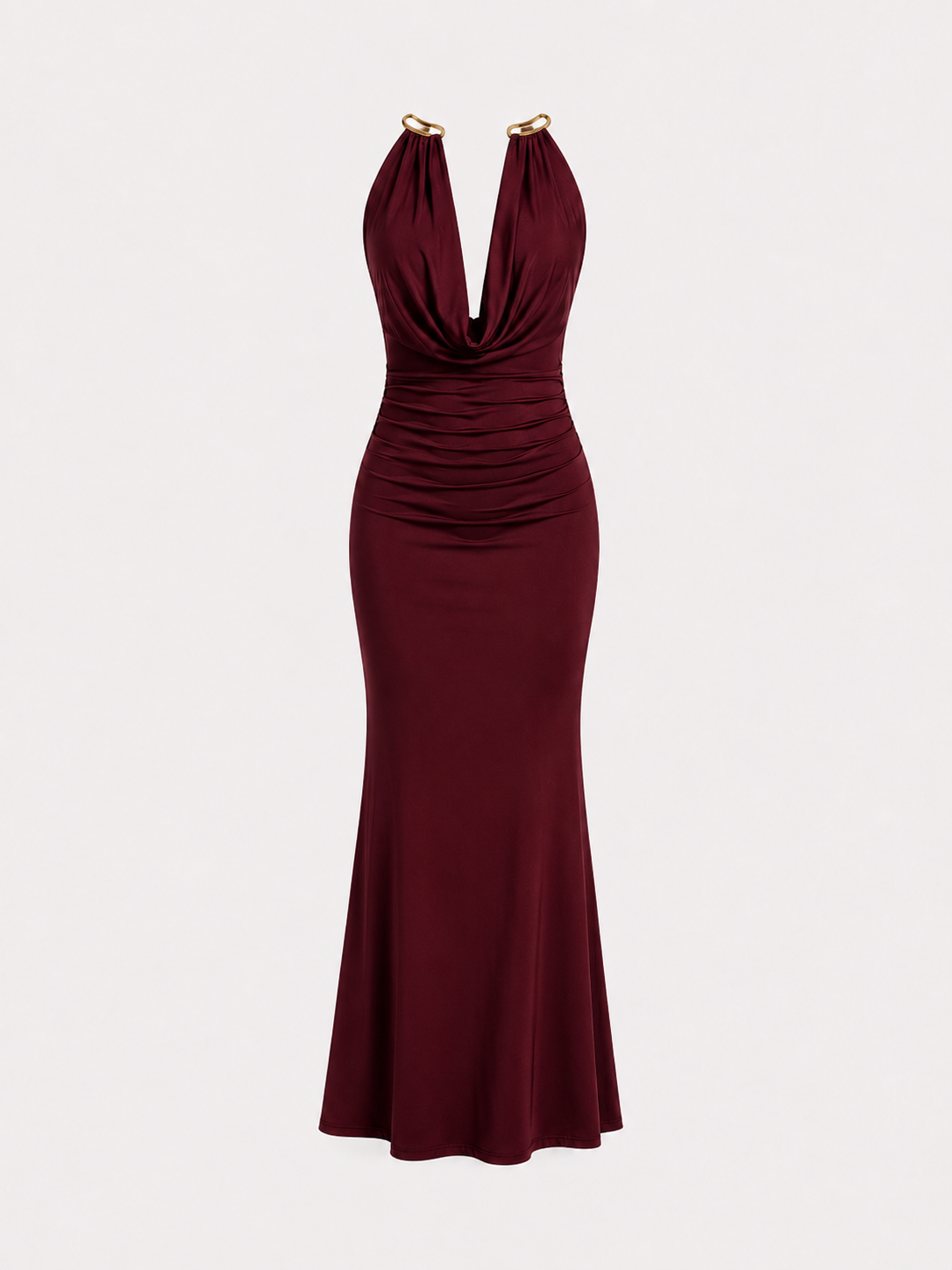 SUPER STRETCHY GOLD NECK DETAIL LONG DRESS BURGUNDY | SEISHIKI STUDIO