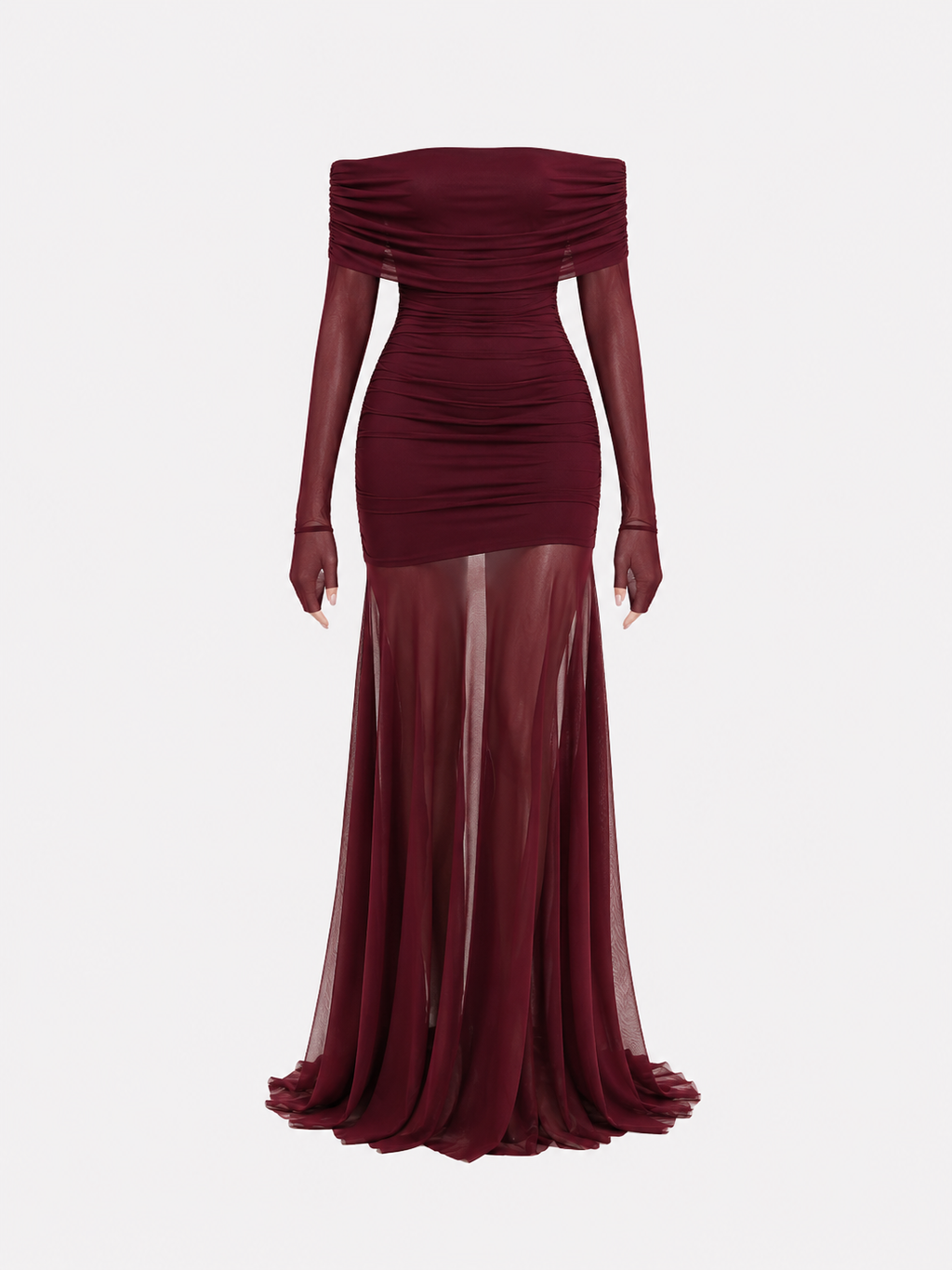 STRETCHY OFF SHOULDER MESH DRAPED DRESS BURGUNDY | SEISHIKI STUDIO