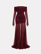 STRETCHY OFF SHOULDER MESH DRAPED DRESS BURGUNDY | SEISHIKI STUDIO