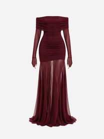 STRETCHY OFF SHOULDER MESH DRAPED DRESS BURGUNDY | SEISHIKI STUDIO