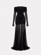 STRETCHY OFF SHOULDER MESH DRAPED DRESS BLACK | SEISHIKI STUDIO