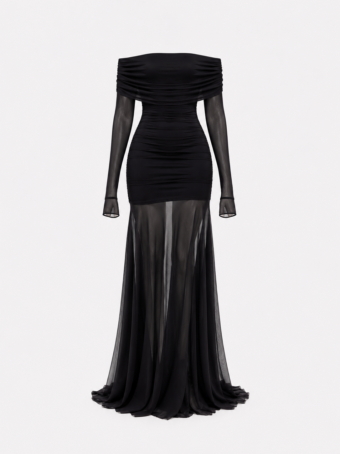 STRETCHY OFF SHOULDER MESH DRAPED DRESS BLACK | SEISHIKI STUDIO