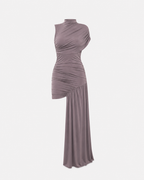 SUPER STRETCHY HIGH NECK RUCHED DRAPED DRESS BEIGE | SEISHIKI STUDIO