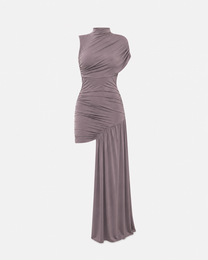 SUPER STRETCHY HIGH NECK RUCHED DRAPED DRESS BEIGE | SEISHIKI STUDIO