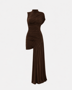 SUPER STRETCHY HIGH NECK RUCHED DRAPED DRESS BROWN | SEISHIKI STUDIO