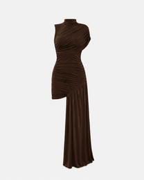 SUPER STRETCHY HIGH NECK RUCHED DRAPED DRESS BROWN | SEISHIKI STUDIO
