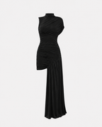 SUPER STRETCHY HIGH NECK RUCHED DRAPED DRESS BLACK | SEISHIKI STUDIO