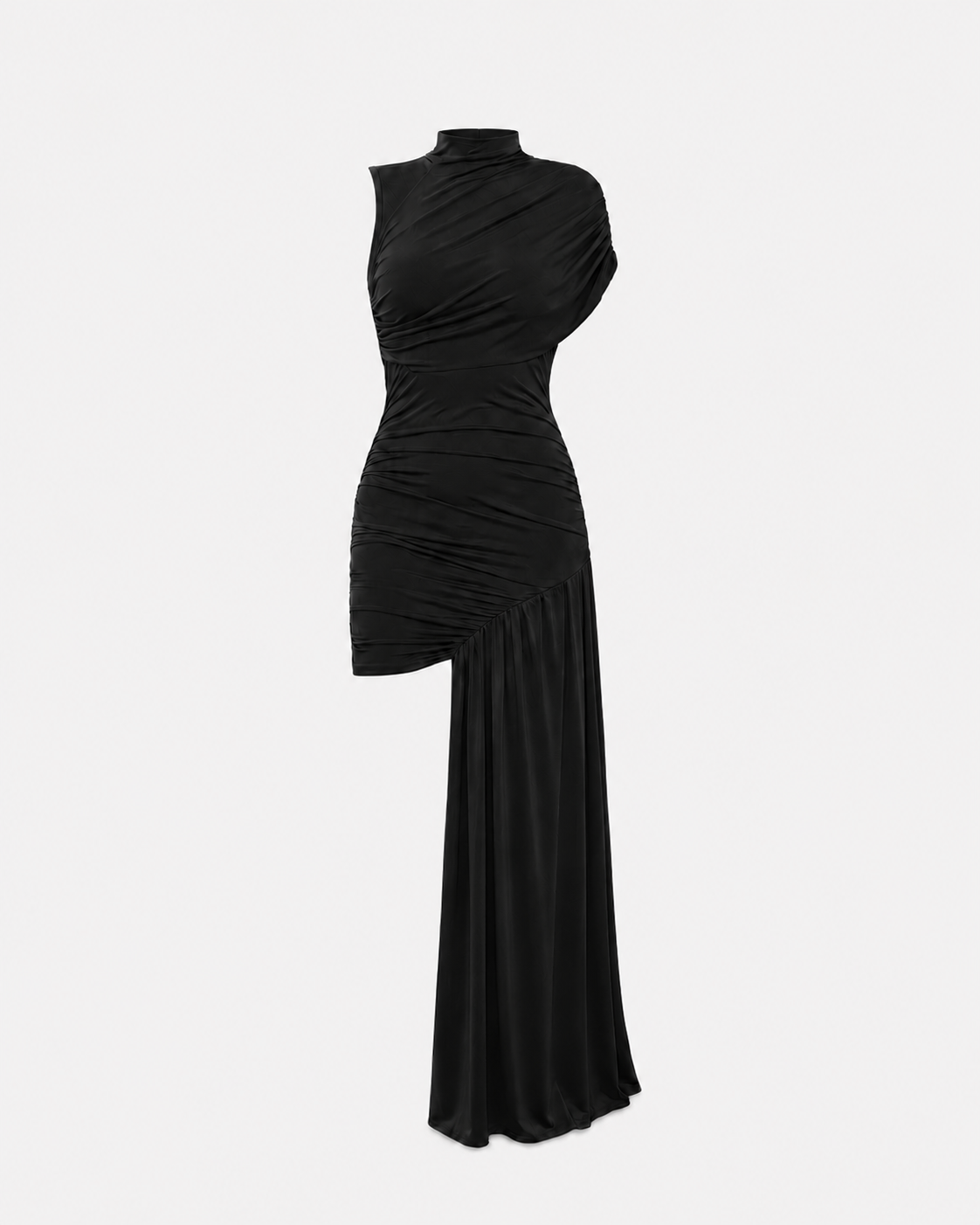 SUPER STRETCHY HIGH NECK RUCHED DRAPED DRESS BLACK | SEISHIKI STUDIO