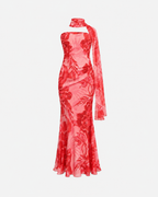 SEISHIKI STUDIO Floral Strapless Chiffon Dress with Scarf Orange