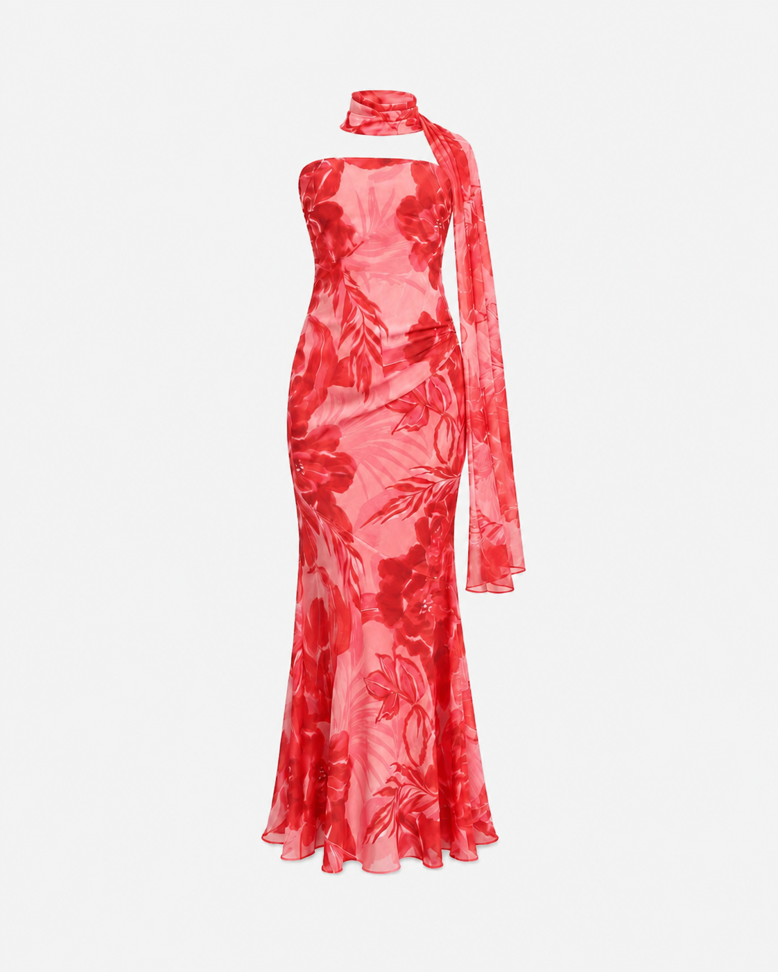 SEISHIKI STUDIO Floral Strapless Chiffon Dress with Scarf Orange