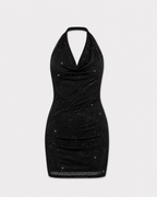 STRETCHY DRAPED HALTER NECK SPARKLY DRESS BLACK | SEISHIKI STUDIO