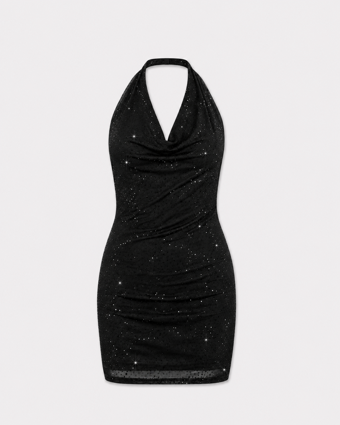STRETCHY DRAPED HALTER NECK SPARKLY DRESS BLACK | SEISHIKI STUDIO