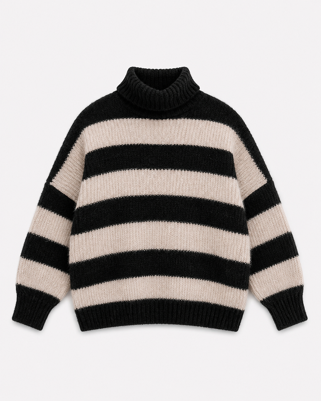STRETCHY HIGH NECK STRIPED SWEATER BLACK/BEIGE | SEISHIKI STUDIO