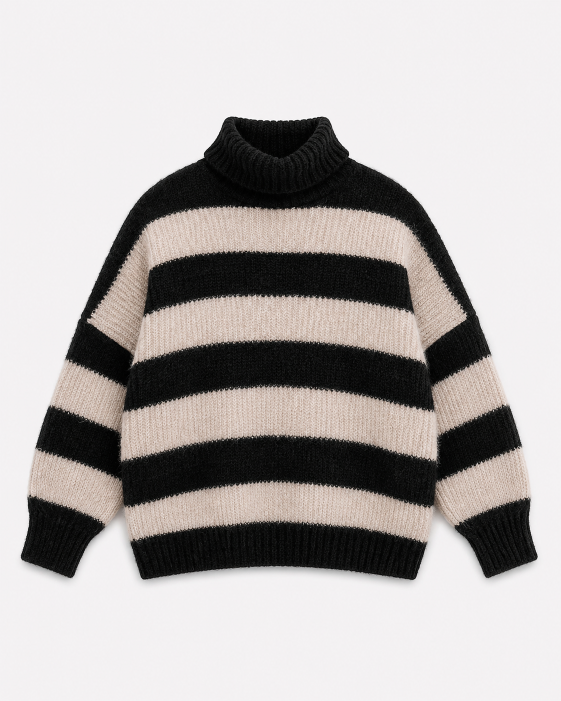 STRETCHY HIGH NECK STRIPED SWEATER BLACK/BEIGE | SEISHIKI STUDIO