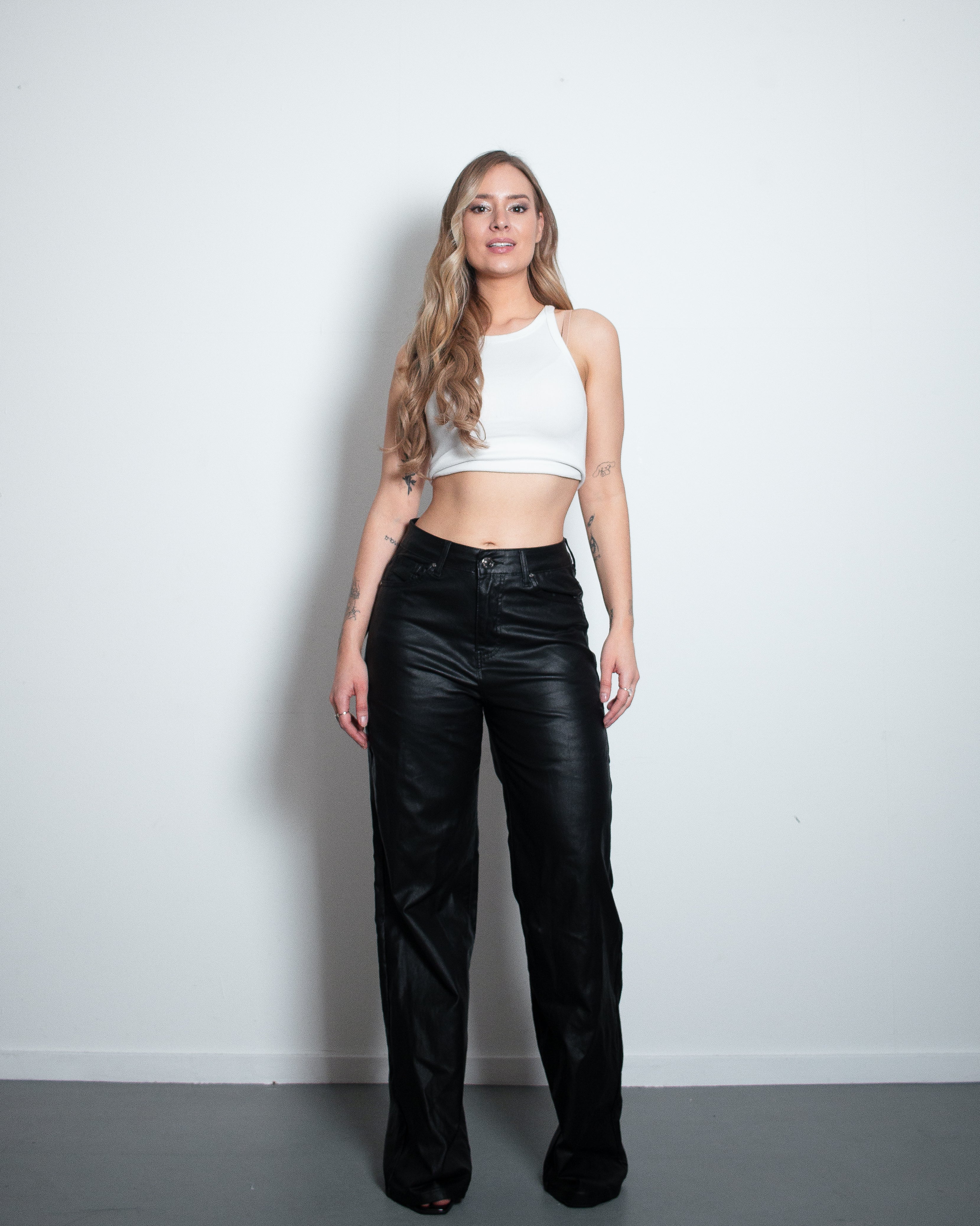 MITSURIN Faux Leather Wide Leg Jeans - INSEAM 80CM