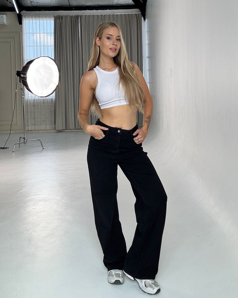 STRETCHY THICK DENIM MEGAMI Wide Leg JEANS BLACK - INSEAM 78CM | SEISHIKI STUDIO