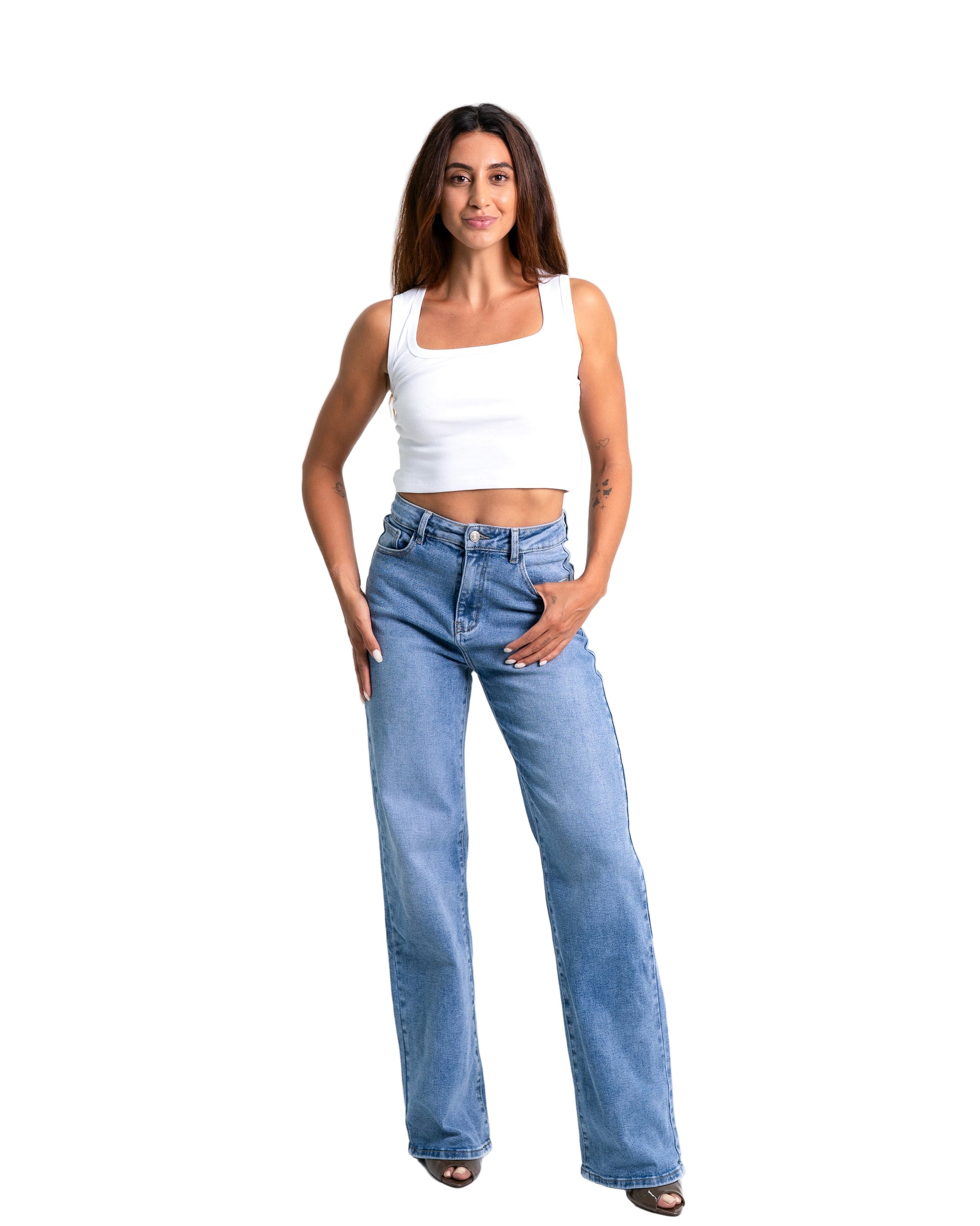 HIGH WAIST WIDE LEG LIGHT WASH JEANS - INSEAM 86 CM