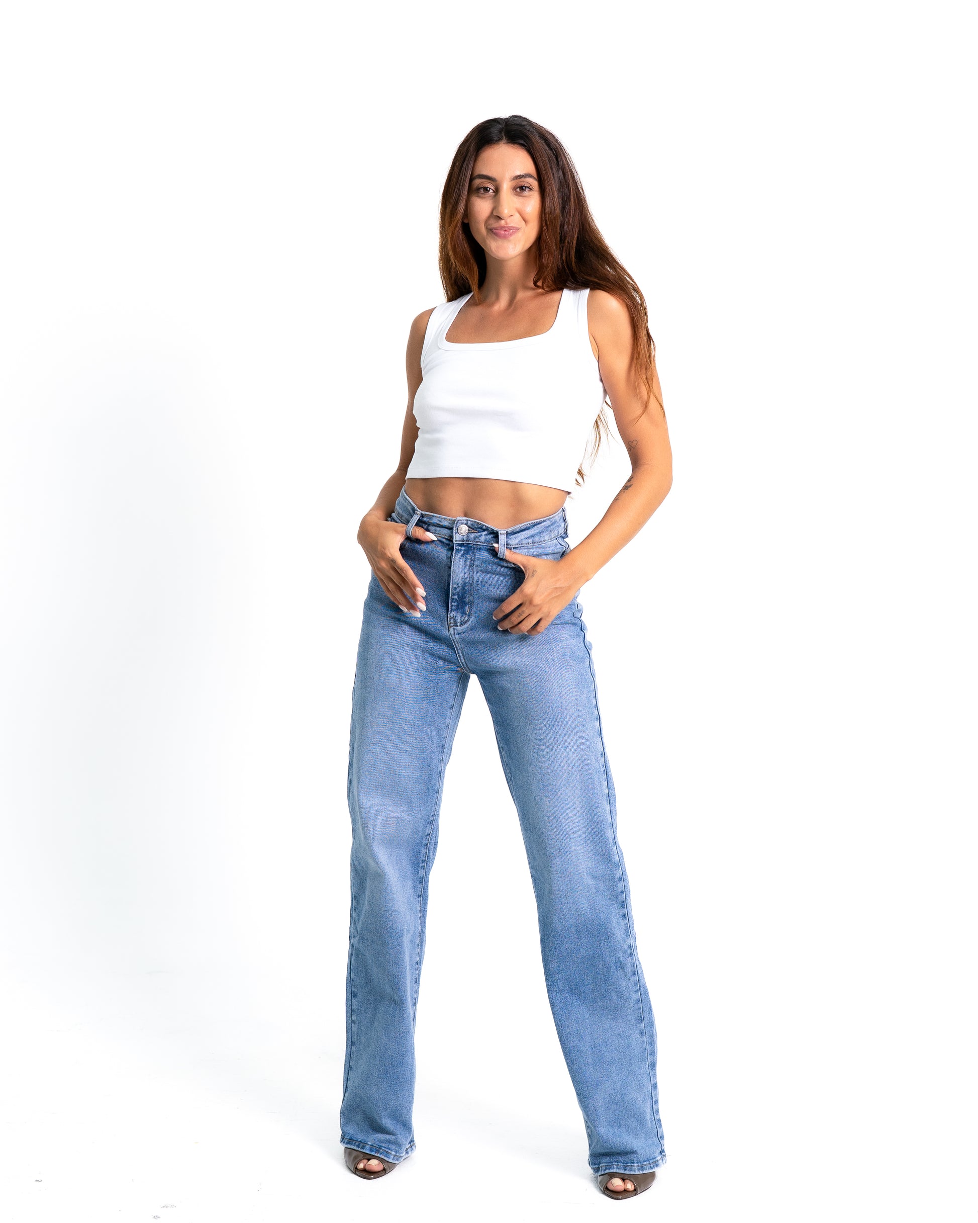 HIGH WAIST WIDE LEG LIGHT WASH JEANS - INSEAM 86 CM