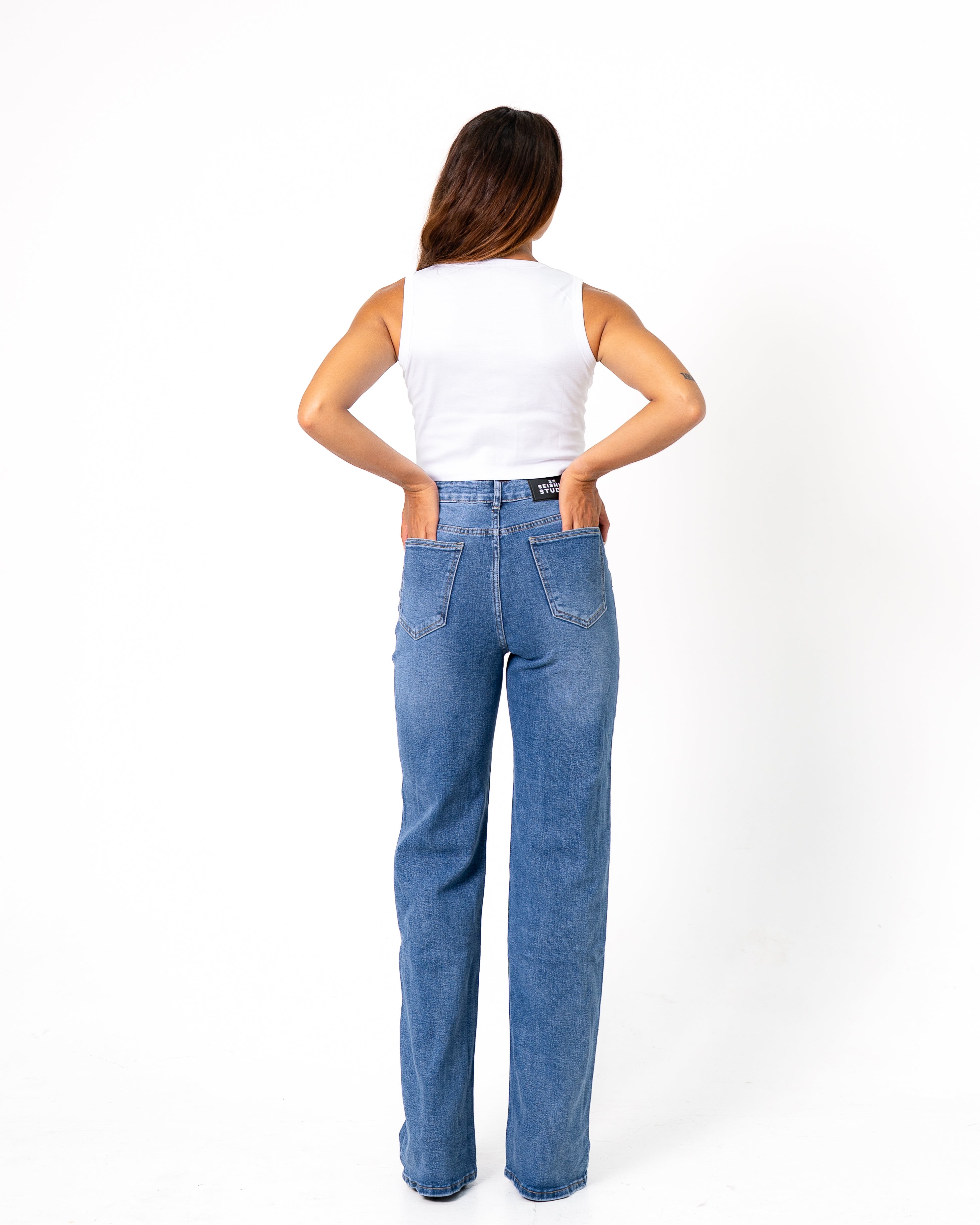 HIGH WAIST WIDE LEG MEDIUM WASH JEANS - INSEAM 86 CM