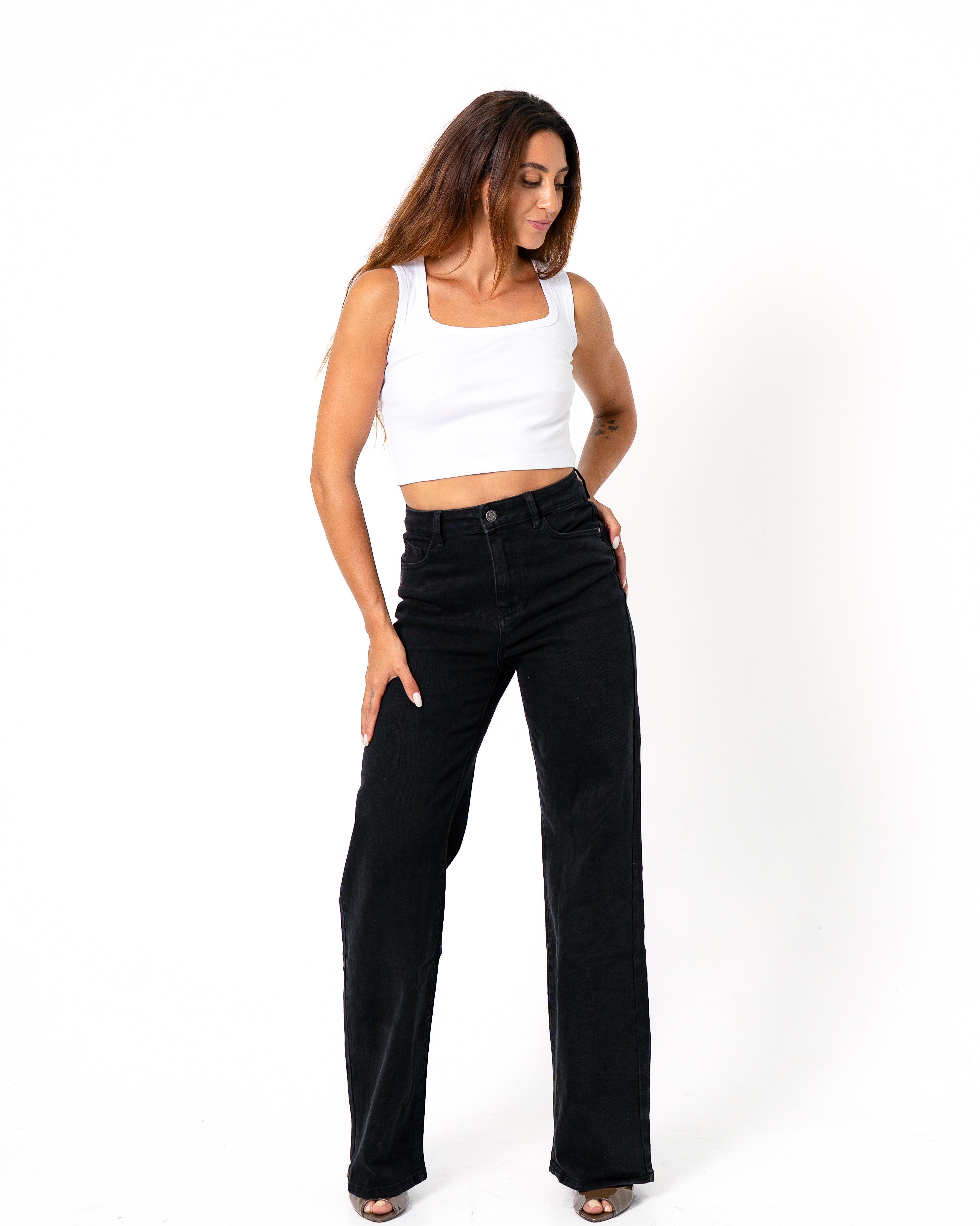 HIGH WAIST WIDE LEG BLACK JEANS - INSEAM 84 CM