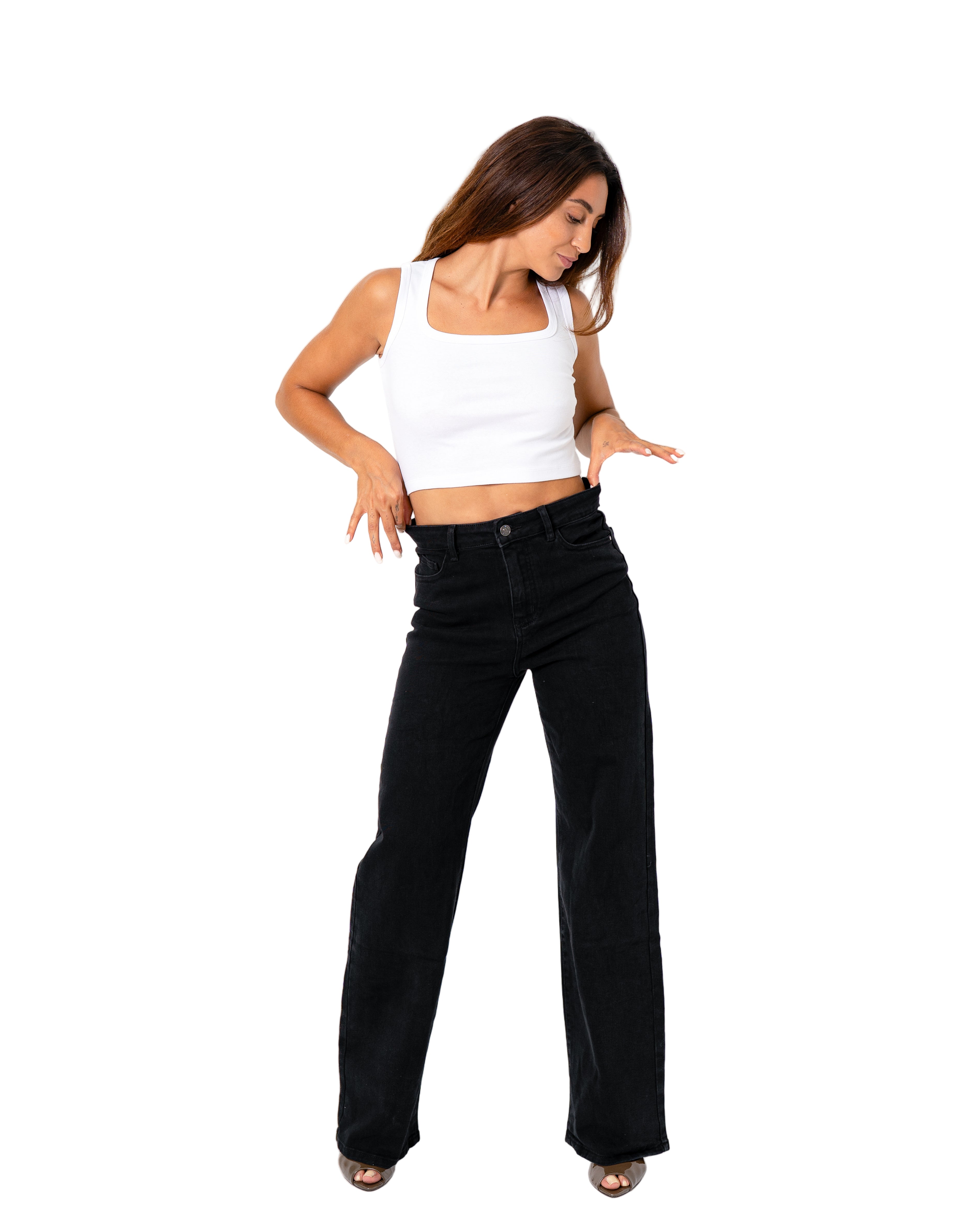 HIGH WAIST WIDE LEG BLACK JEANS - INSEAM 84 CM