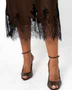 SATIN LACE TRIM SKIRT BROWN