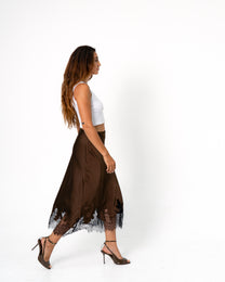 SATIN LACE TRIM SKIRT BROWN | SEISHIKI STUDIO