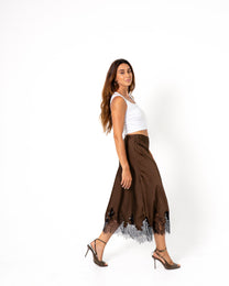 SATIN LACE TRIM SKIRT BROWN | SEISHIKI STUDIO