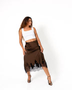 SATIN LACE TRIM SKIRT BROWN
