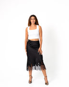SATIN LACE TRIM SKIRT BLACK