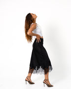 SATIN LACE TRIM SKIRT BLACK