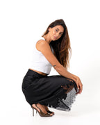 SATIN LACE TRIM SKIRT BLACK