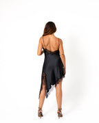 ASYMMETRIC SHINY LACE TRIM DRESS BLACK