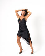 ASYMMETRIC SHINY LACE TRIM DRESS BLACK