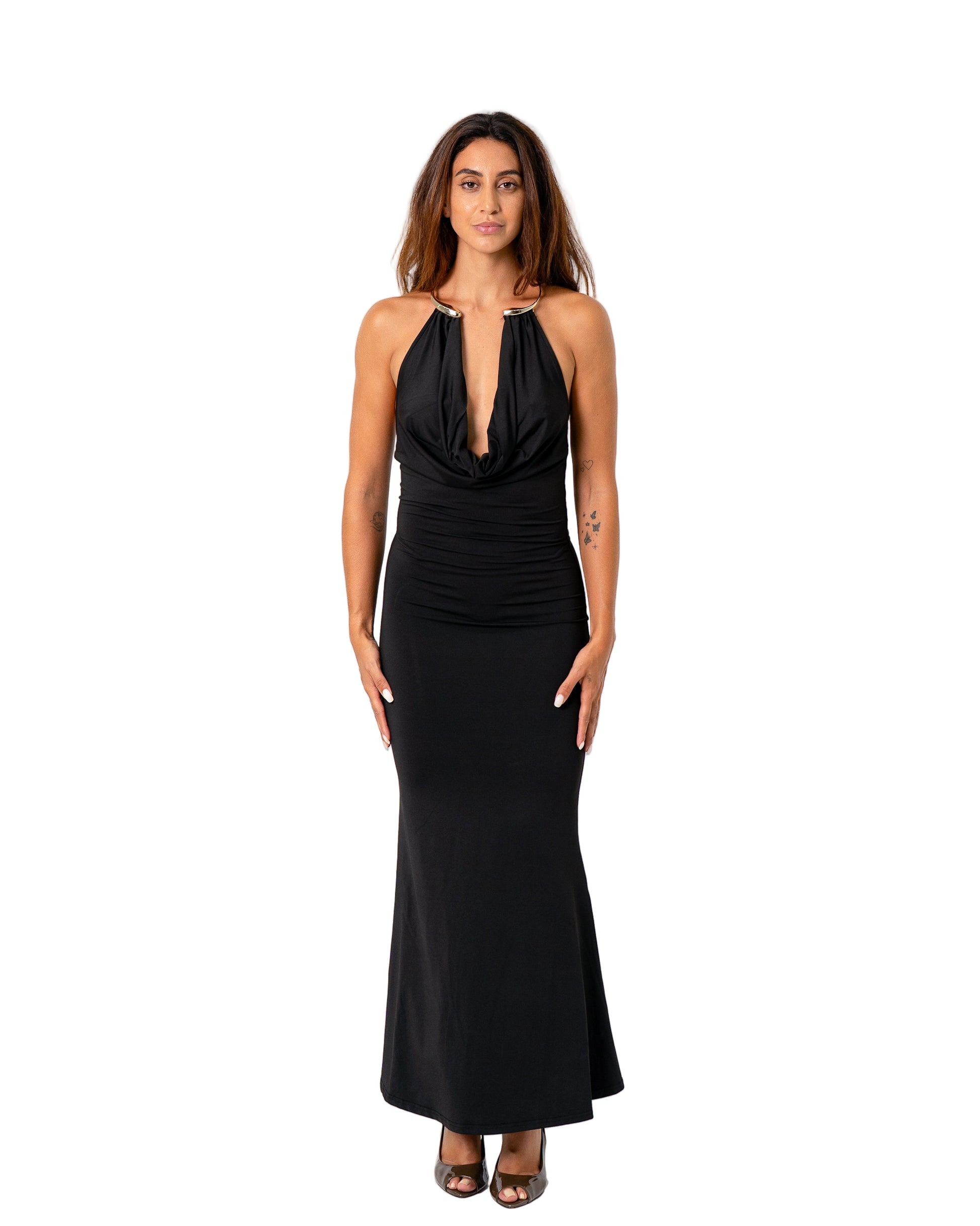 GOLD NECK DETAIL LONG DRESS BLACK