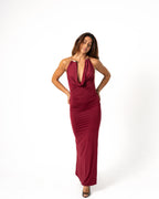 GOLD NECK DETAIL LONG DRESS BURGUNDY