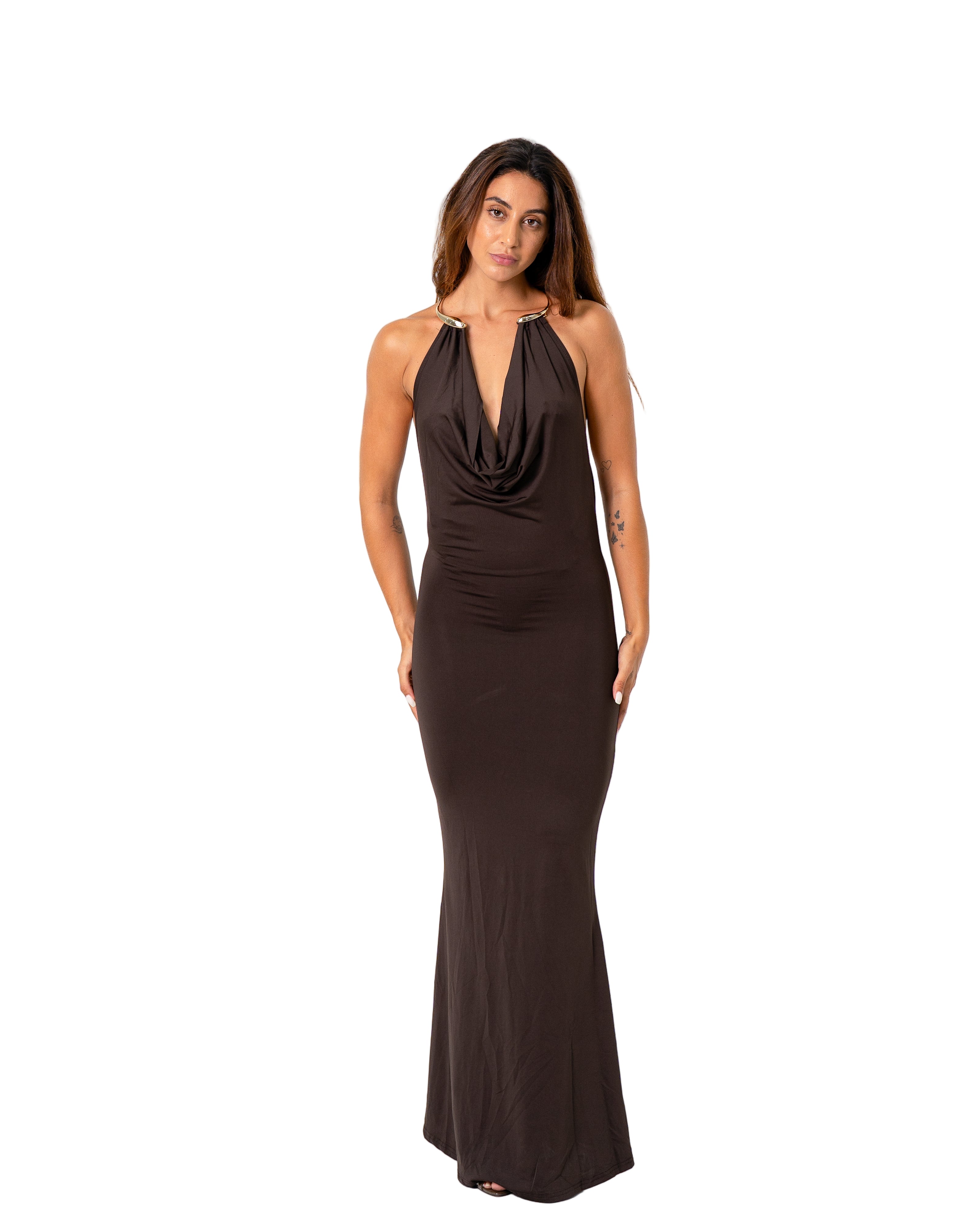 GOLD NECK DETAIL LONG DRESS BROWN