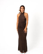 HIGH NECK SPARKLE DRESS BROWN