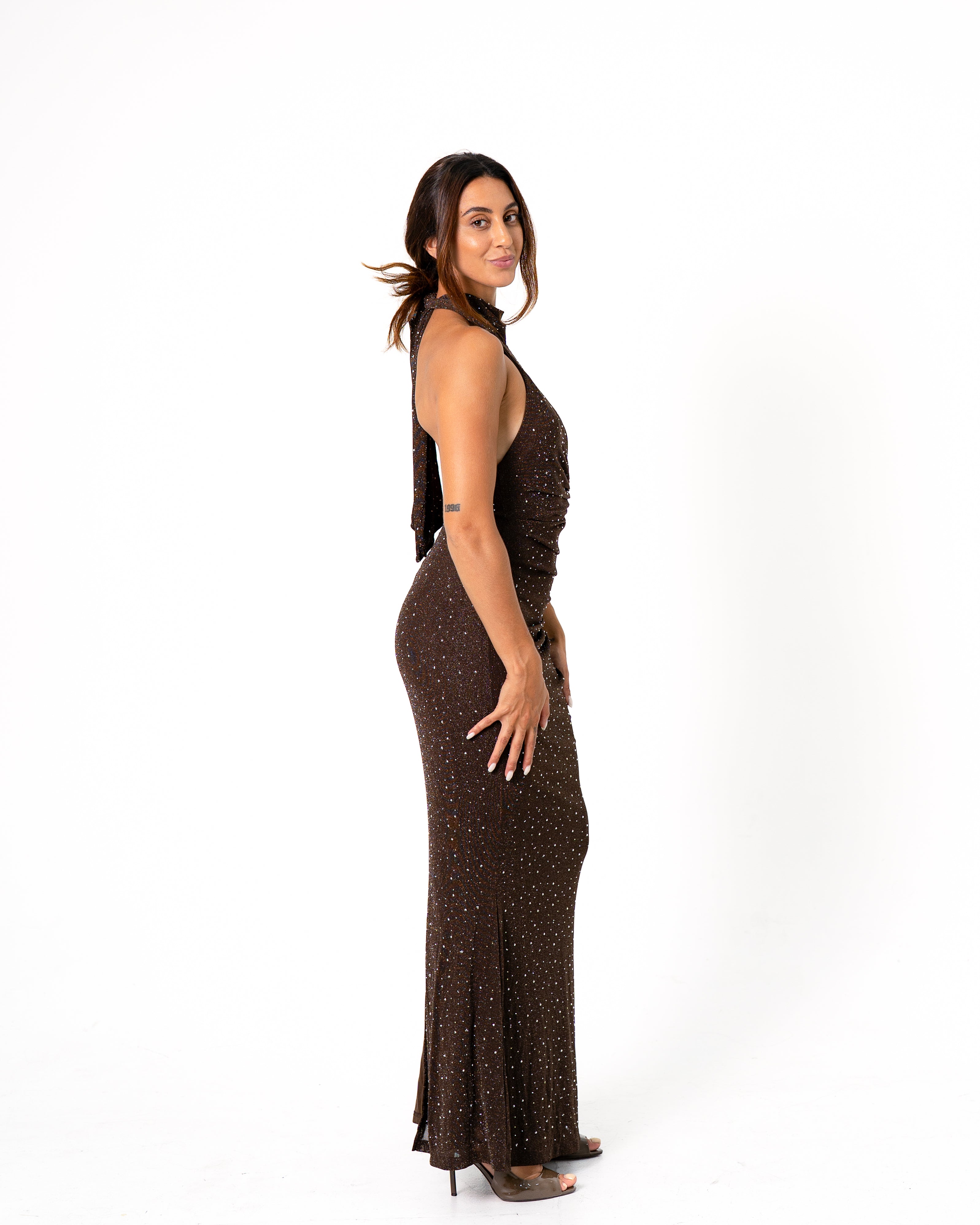 HIGH NECK SPARKLE DRESS BROWN